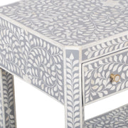 Bone Inlay Large 1 Drawer Bedside Table or Side Table with Shelf - Grey Floral - Abacus and Hunt