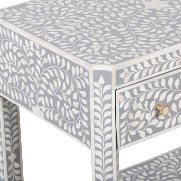 Bone Inlay Large 1 Drawer Bedside Table or Side Table with Shelf - Grey Floral - Abacus and Hunt