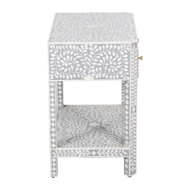 Bone Inlay Large 1 Drawer Bedside Table or Side Table with Shelf - Grey Floral - Abacus and Hunt