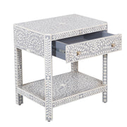 Bone Inlay Large 1 Drawer Bedside Table or Side Table with Shelf - Grey Floral - Abacus and Hunt