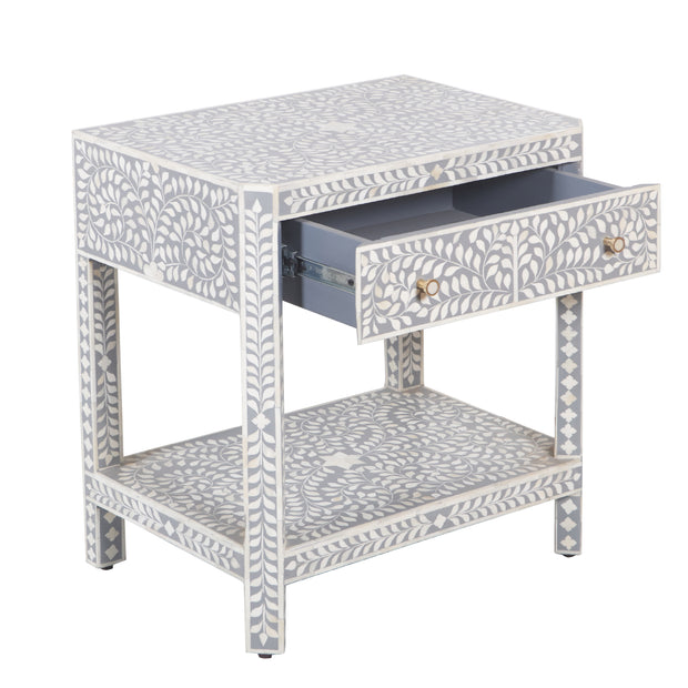 Bone Inlay Large 1 Drawer Bedside Table or Side Table with Shelf - Grey Floral - Abacus and Hunt