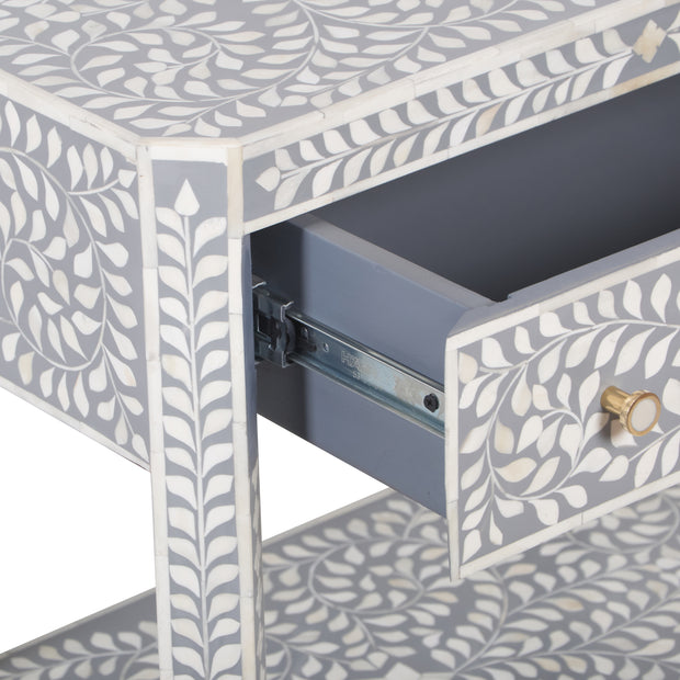 Bone Inlay Large 1 Drawer Bedside Table or Side Table with Shelf - Grey Floral - Abacus and Hunt