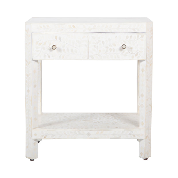 Bone Inlay Large 1 Drawer Bedside Table or Side Table with Shelf - White Floral