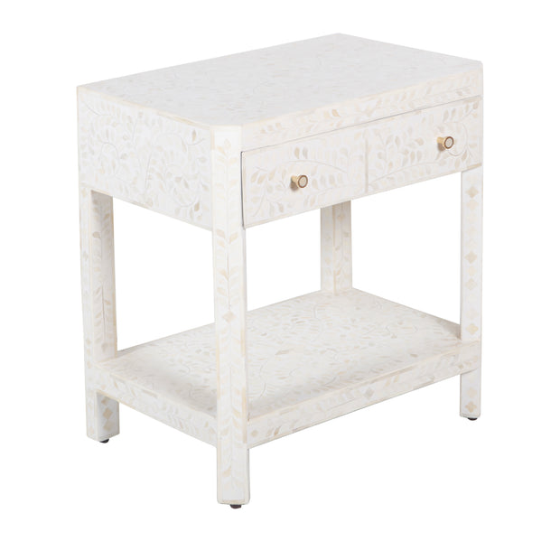 Bone Inlay Large 1 Drawer Bedside Table or Side Table with Shelf - White Floral