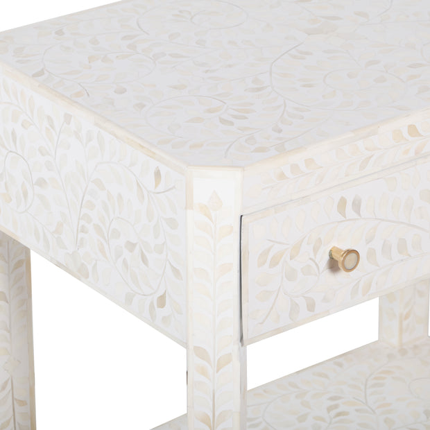 Bone Inlay Large 1 Drawer Bedside Table or Side Table with Shelf - White Floral