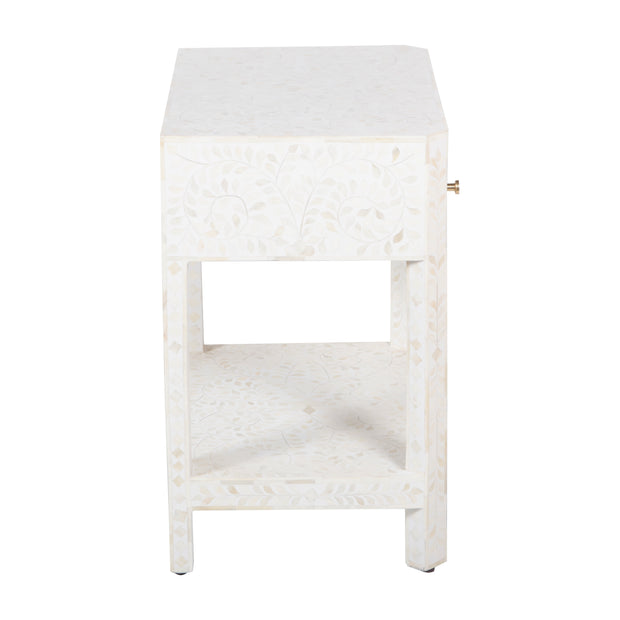 Bone Inlay Large 1 Drawer Bedside Table or Side Table with Shelf - White Floral
