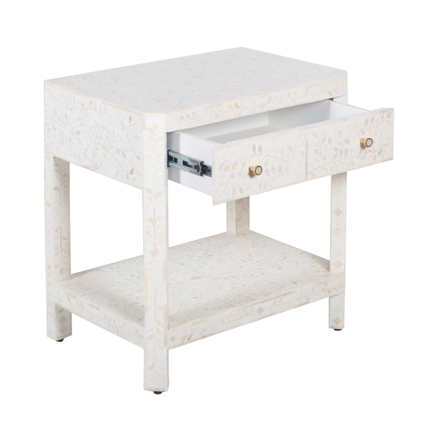 Bone Inlay Large 1 Drawer Bedside Table or Side Table with Shelf - White Floral