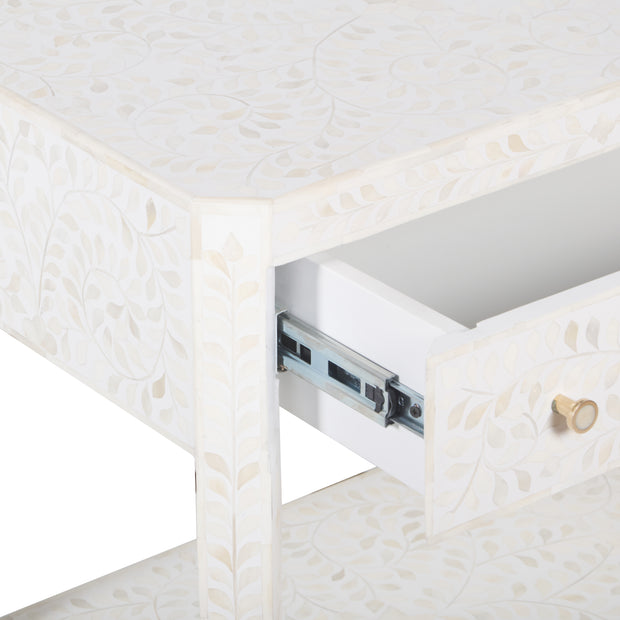 Bone Inlay Large 1 Drawer Bedside Table or Side Table with Shelf - White Floral