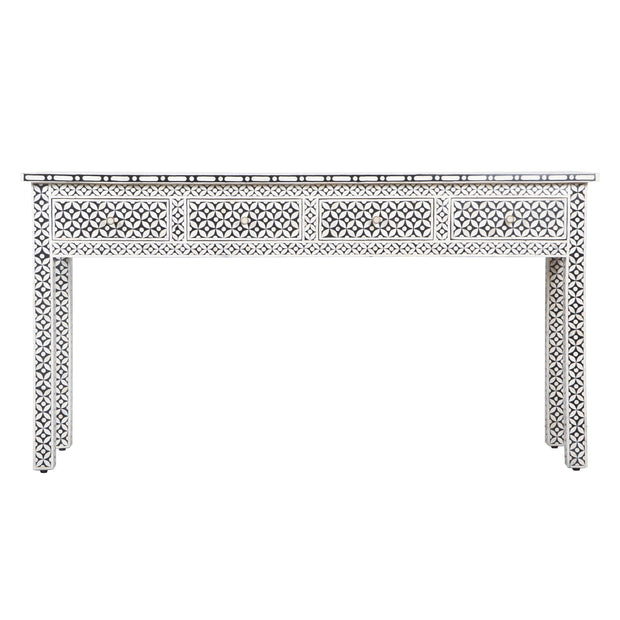 Bone Inlay 4 Drawer Hall Table or Side Table (Extra Long, 155cm) - Black Geometric