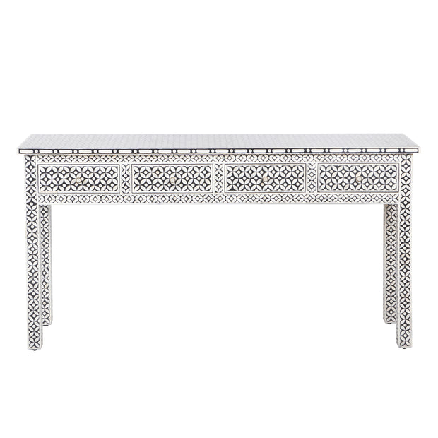 Bone Inlay 4 Drawer Hall Table or Side Table (Extra Long, 155cm) - Black Geometric