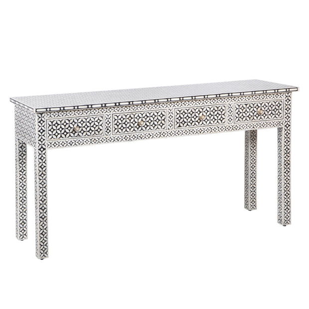 Bone Inlay 4 Drawer Hall Table or Side Table (Extra Long, 155cm) - Black Geometric
