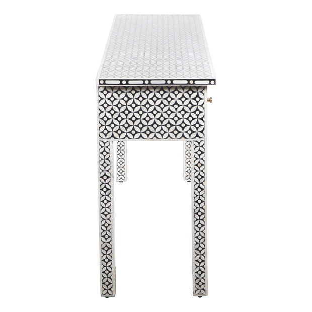 Bone Inlay 4 Drawer Hall Table or Side Table (Extra Long, 155cm) - Black Geometric