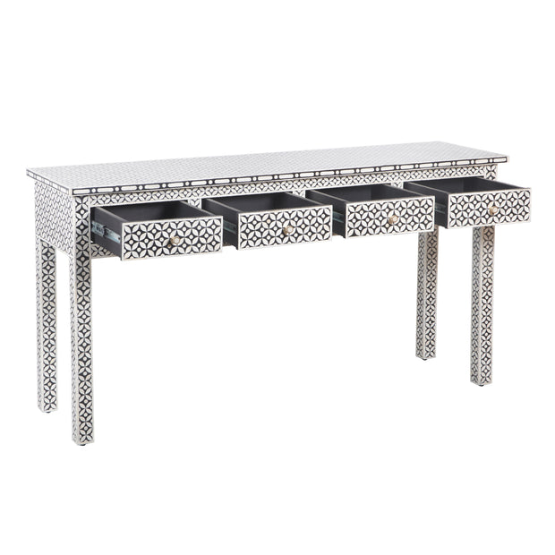 Bone Inlay 4 Drawer Hall Table or Side Table (Extra Long, 155cm) - Black Geometric