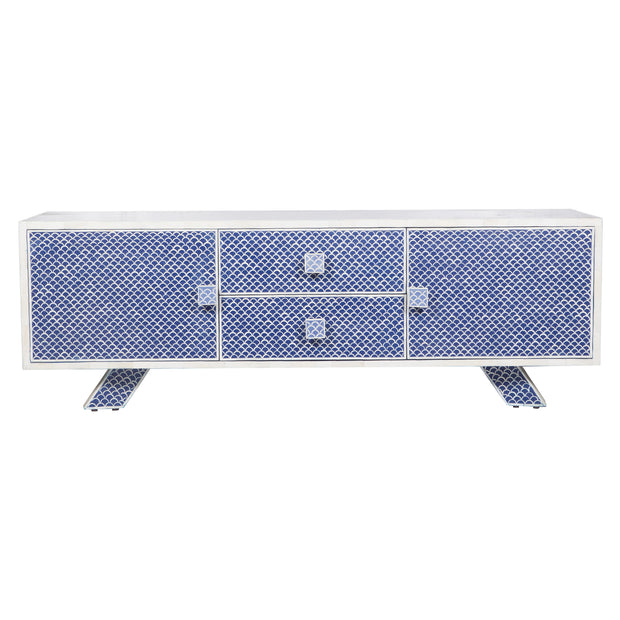 Large Bone Inlay TV / Entertainment Sideboard - Indigo Blue Fish Scale