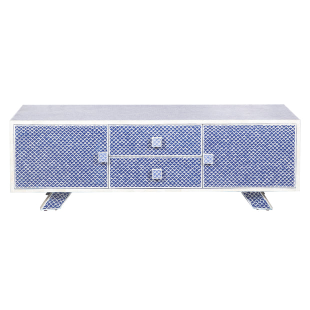 Large Bone Inlay TV / Entertainment Sideboard - Indigo Blue Fish Scale