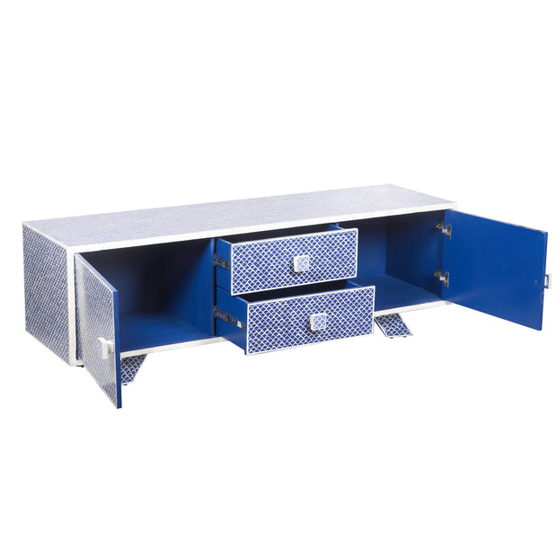 Large Bone Inlay TV / Entertainment Sideboard - Indigo Blue Fish Scale