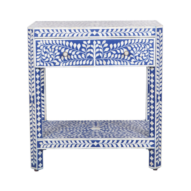 Bone Inlay Large 1 Drawer Bedside Table or Side Table with Shelf - Indigo Blue Floral