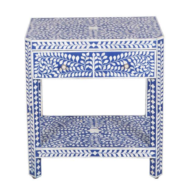Bone Inlay Large 1 Drawer Bedside Table or Side Table with Shelf - Indigo Blue Floral