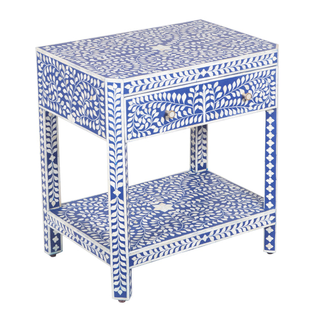 Bone Inlay Large 1 Drawer Bedside Table or Side Table with Shelf - Indigo Blue Floral