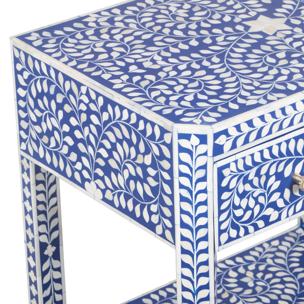 Bone Inlay Large 1 Drawer Bedside Table or Side Table with Shelf - Indigo Blue Floral