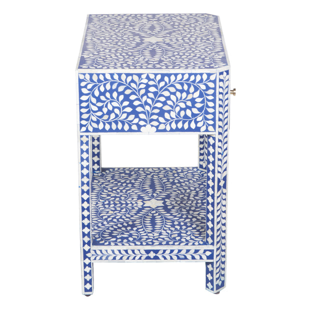 Bone Inlay Large 1 Drawer Bedside Table or Side Table with Shelf - Indigo Blue Floral