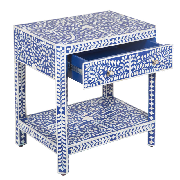 Bone Inlay Large 1 Drawer Bedside Table or Side Table with Shelf - Indigo Blue Floral