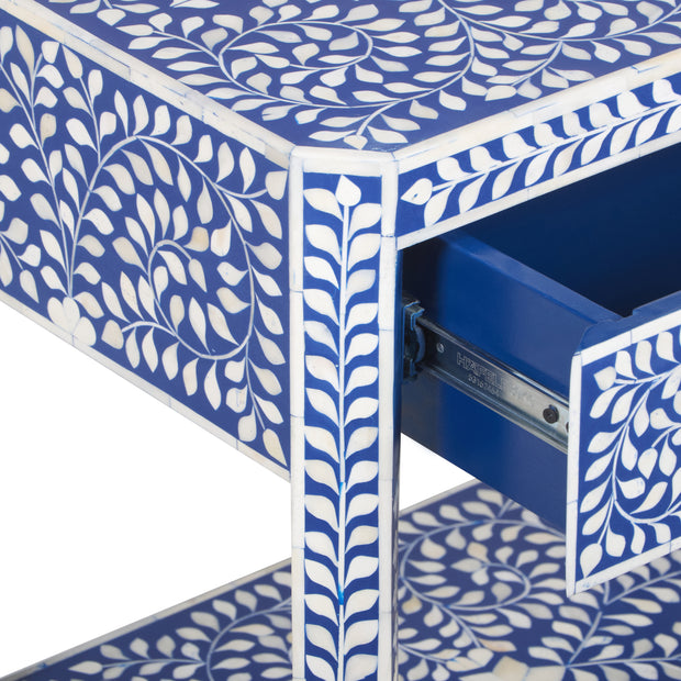 Bone Inlay Large 1 Drawer Bedside Table or Side Table with Shelf - Indigo Blue Floral