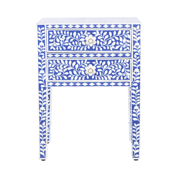 Bone Inlay Bedside, 2 Draw - Indigo Blue Floral