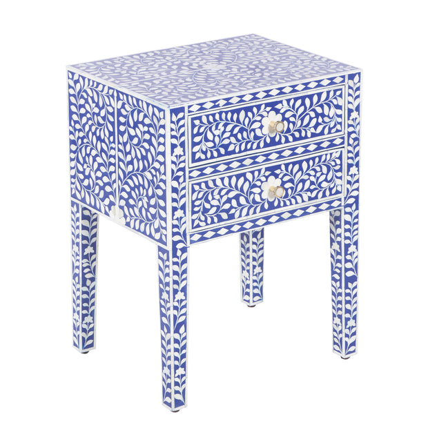 Bone Inlay Bedside, 2 Draw - Indigo Blue Floral