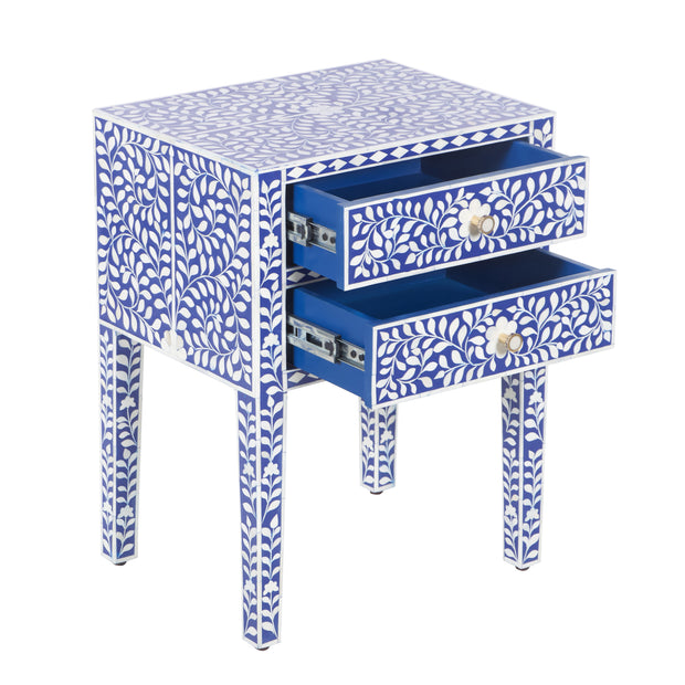 Bone Inlay Bedside, 2 Draw - Indigo Blue Floral
