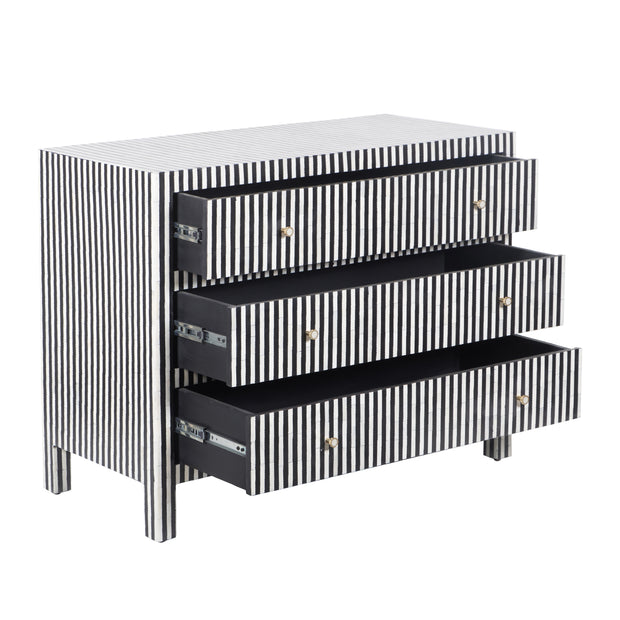 Bone Inlay 3 Drawer Chest of Drawers - Black Stripe / Lines