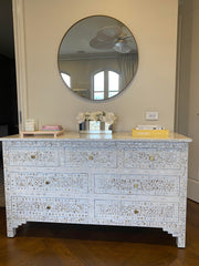 Mother of Pearl Inlay 7 Drawer Chest of Drawers - White Floral - Abacus and Hunt