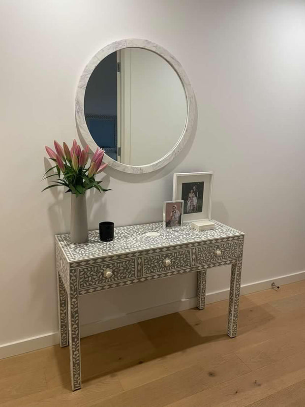 Bone Inlay 3 Drawer Hall Table or Side Table - Light Grey Floral