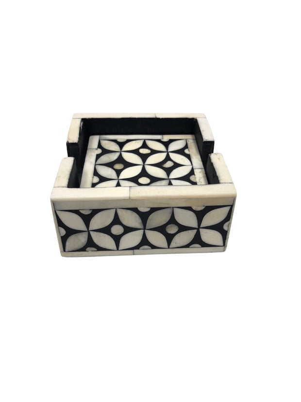 Bone Inlay Drink Coaster Set - Black Geometric