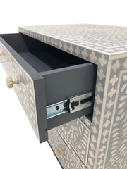 LARGE Bone Inlay 3 Drawer Chest of Drawers - Grey Floral, Black Frame