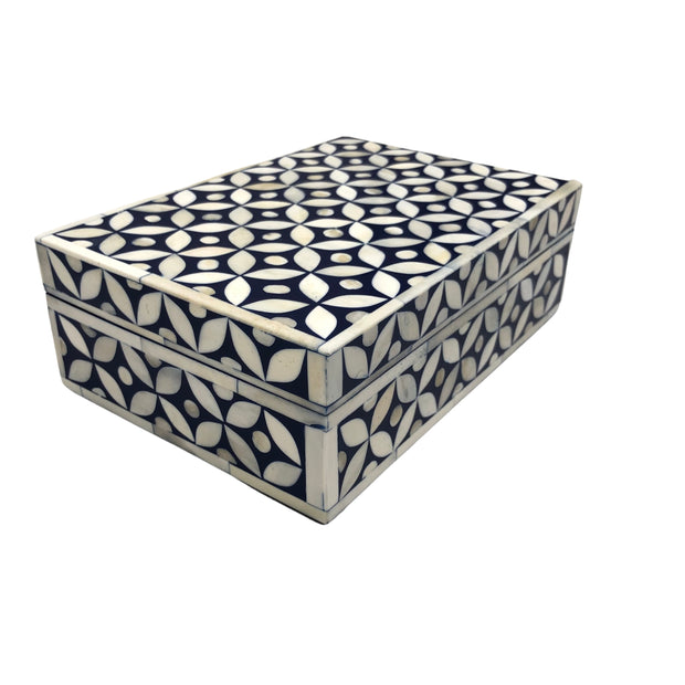 Bone Inlay Box Small - Navy Geometric