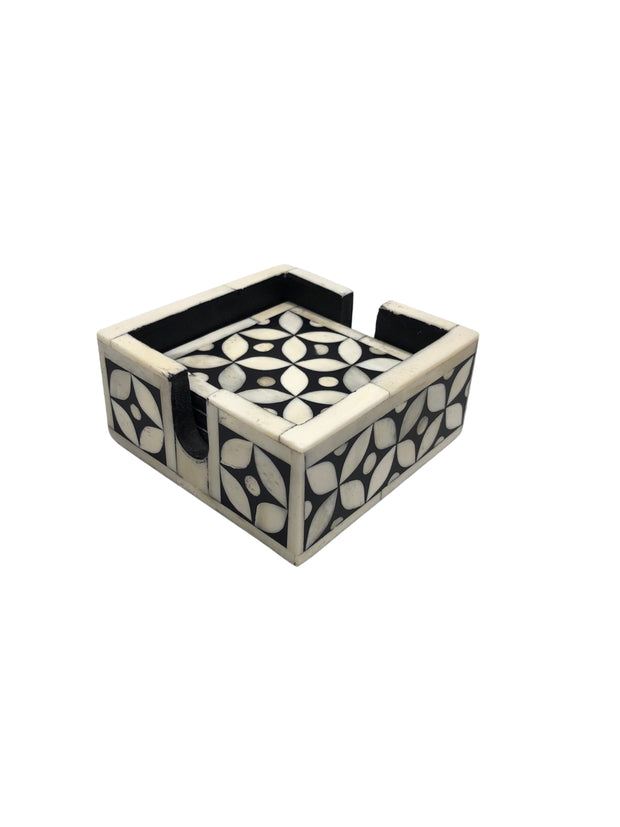 Bone Inlay Drink Coaster Set - Black Geometric