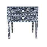 Mother of Pearl Inlay 2 Draw Bedside Table, Floral Indigo Blue (LARGE)