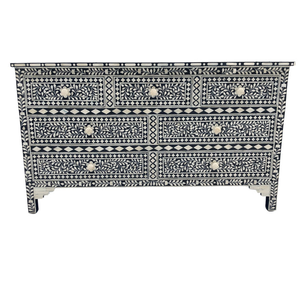 Bone Inlay 7 Drawer Chest of Drawers - Navy Blue, Floral