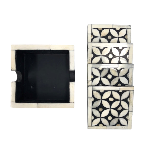 Bone Inlay Drink Coaster Set - Black Geometric