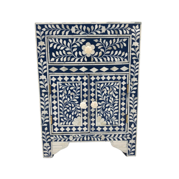 Bone Inlay Bedside Table - 1 Drawer 2 Doors Floral Navy Blue