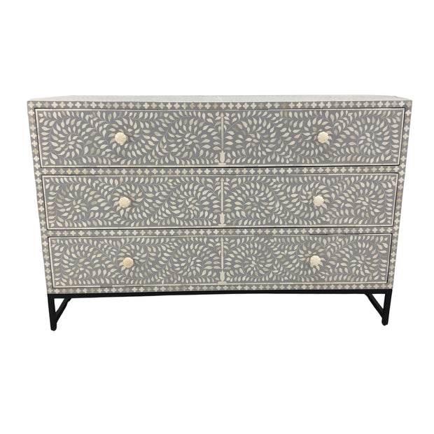 LARGE Bone Inlay 3 Drawer Chest of Drawers - Grey Floral, Black Frame