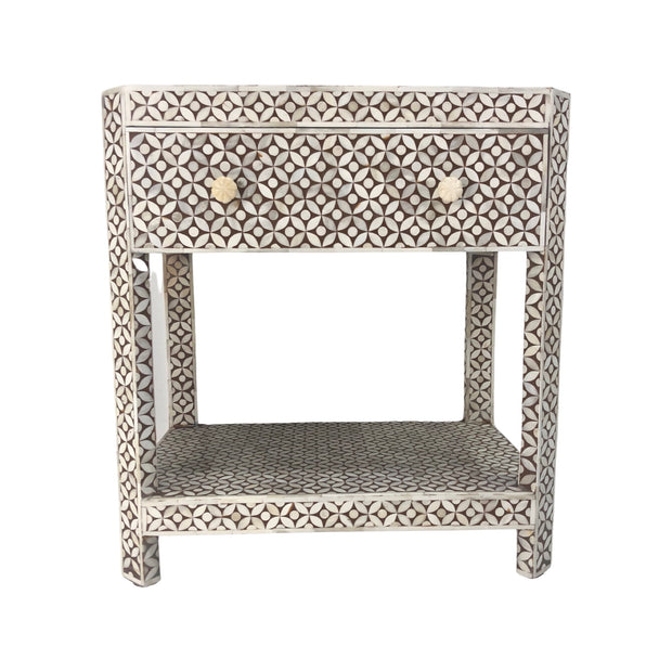 Bone Inlay 1 Drawer Bedside Table with Shelf - Dark Tan Geometric