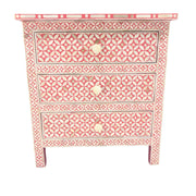 Bone Inlay Bedside Table 3 Drawer - Pink, Geometric (Large)