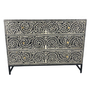 Bone Inlay 3 Drawer Chest of Drawers - Black Floral - Black Frame - Gold Handle