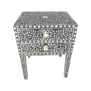 Bone Inlay Bedside Table 2 Drawers - Dark Grey Floral