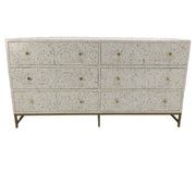 Bone Inlay Buffet 6 Drawer Chest of Drawers - White Floral, Gold Frame