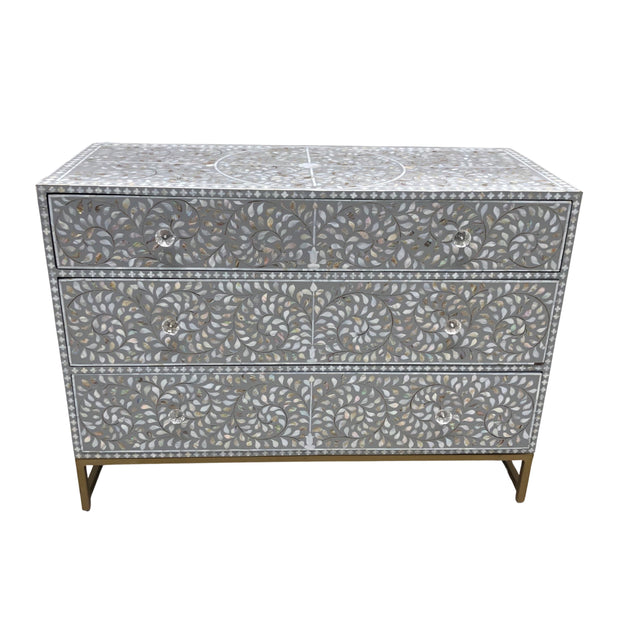 Mother of Pearl Inlay 3 Drawer Chest of Drawers - Grey Floral, Gold Frame