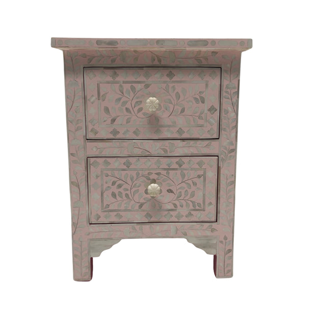 Bone Inlay Bedside Table, 2 Drawer Floral Pink