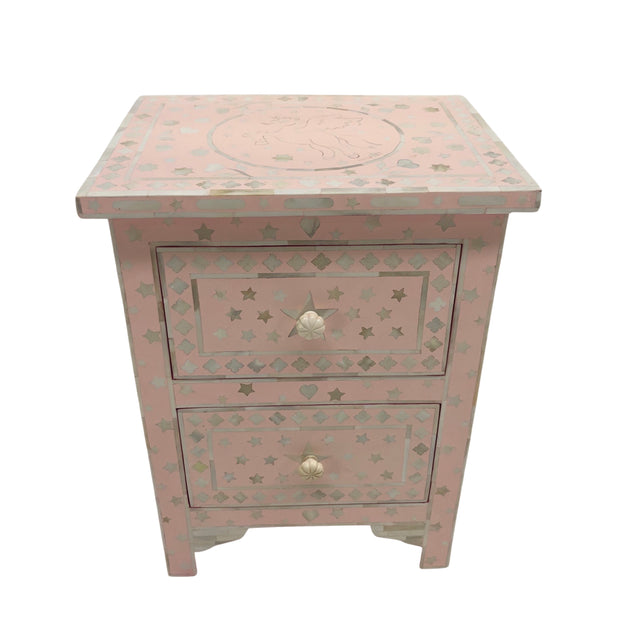 PINK UNICORN Bone Inlay Bedside Table, 2 Drawer, Light Pink "The Estelle"